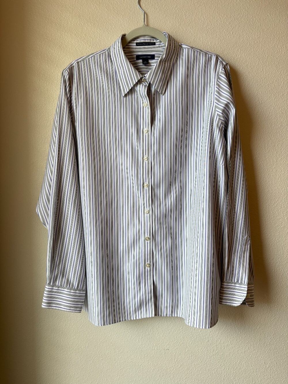 Lands End No Iron Pinpoint Oxford Striped Shirt 22W Button Up Long Sleeve Office